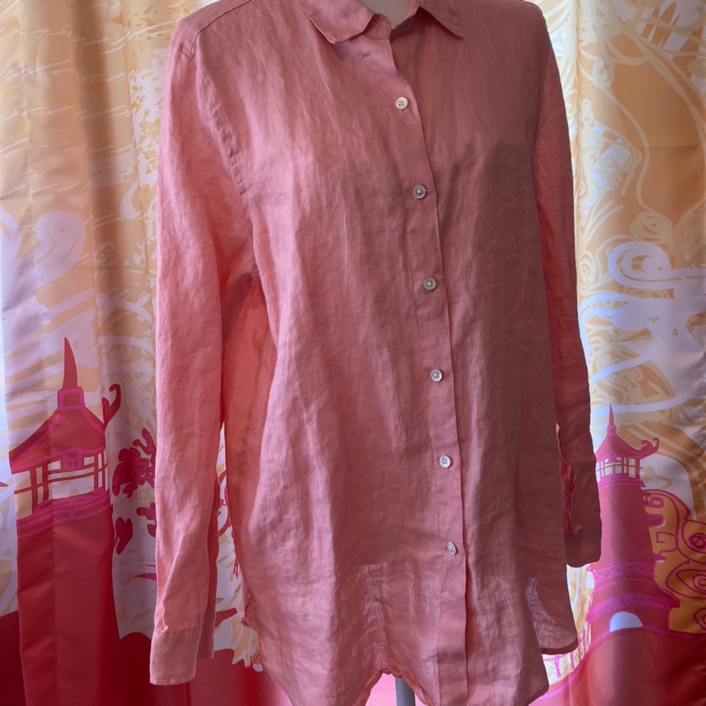 J. JILL 100% LINEN BUTTON DOWN PINK LONG SLEEVE SHIRT SIZE MEDIUM TALL
